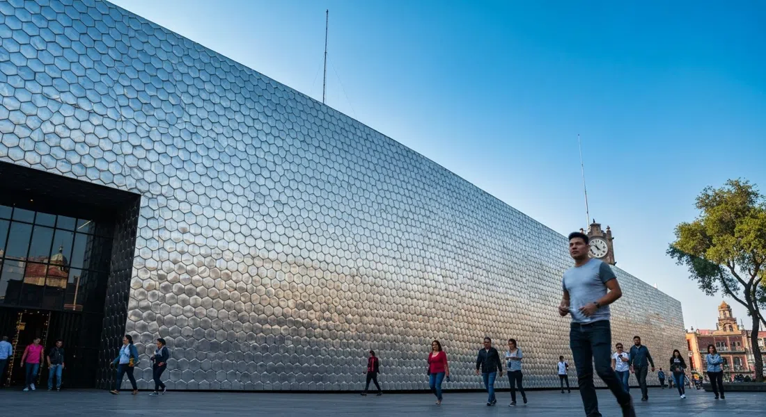 Museo Soumaya’s silver hexagonal-tile facade in Plaza Carso, shot from below against blue sky