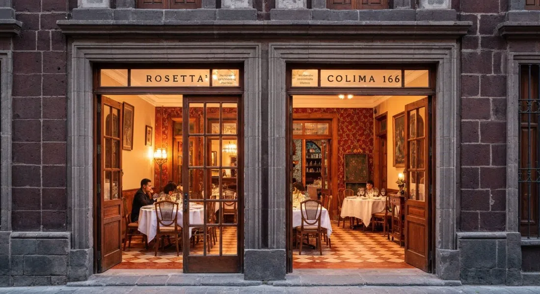 Rosetta’s restored 1920s mansion on Colima 166, with warm interior light and an elegant dinner table set behind the façade