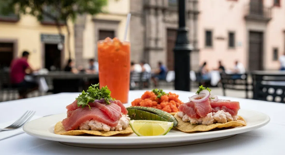 a plate of tuna tostadas and red-and-green pescado a la talla at Contramar, bright seafood colours against a white tablecloth