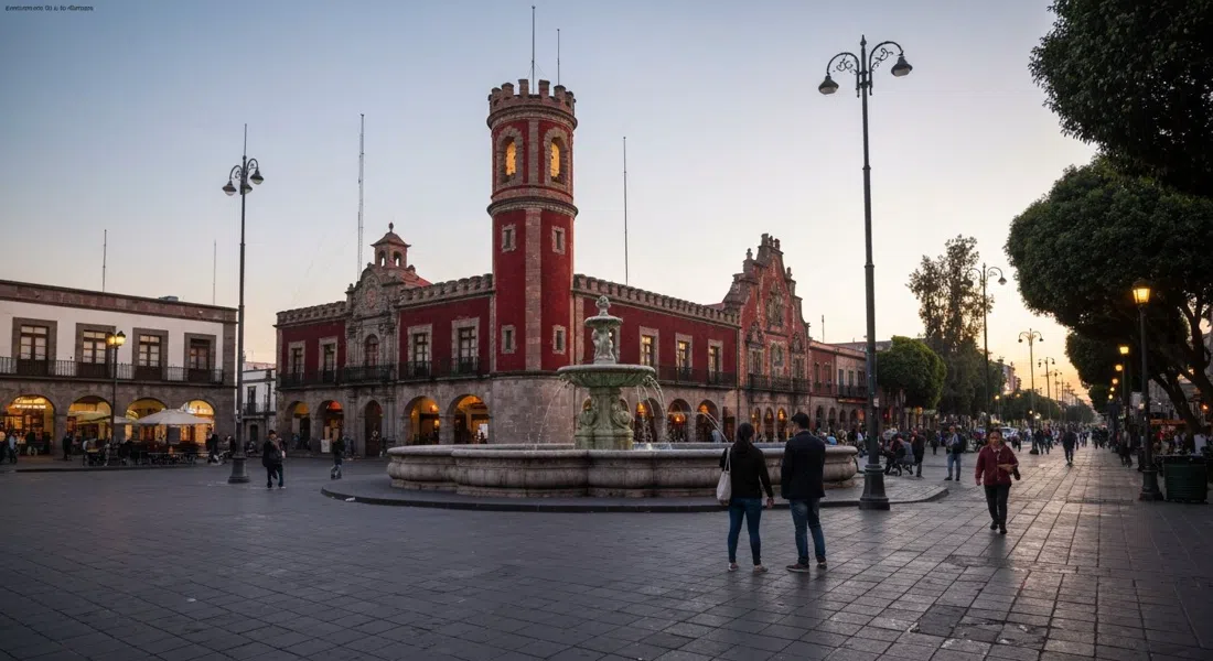 Plaza Río de Janeiro at late afternoon, with the David fountain centered and Casa de las Brujas’ red-brick turreted façade looming at the corner