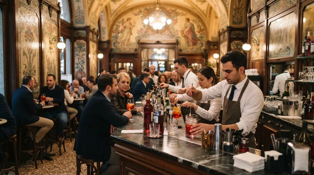 Camparino in Galleria at aperitivo hour, Art Nouveau mosaics and frescoes glowing under warm light as bartenders prepare Campari drinks