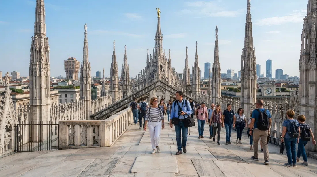 visitors walking among the marble spires on the Duomo rooftop terraces, the cathedral roofline and Milan skyline in crisp morning light