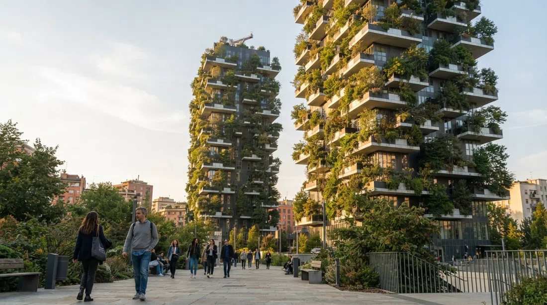 the Bosco Verticale towers in Milan seen from the base at golden hour, balconies thick with trees and shrubs against a pale sky