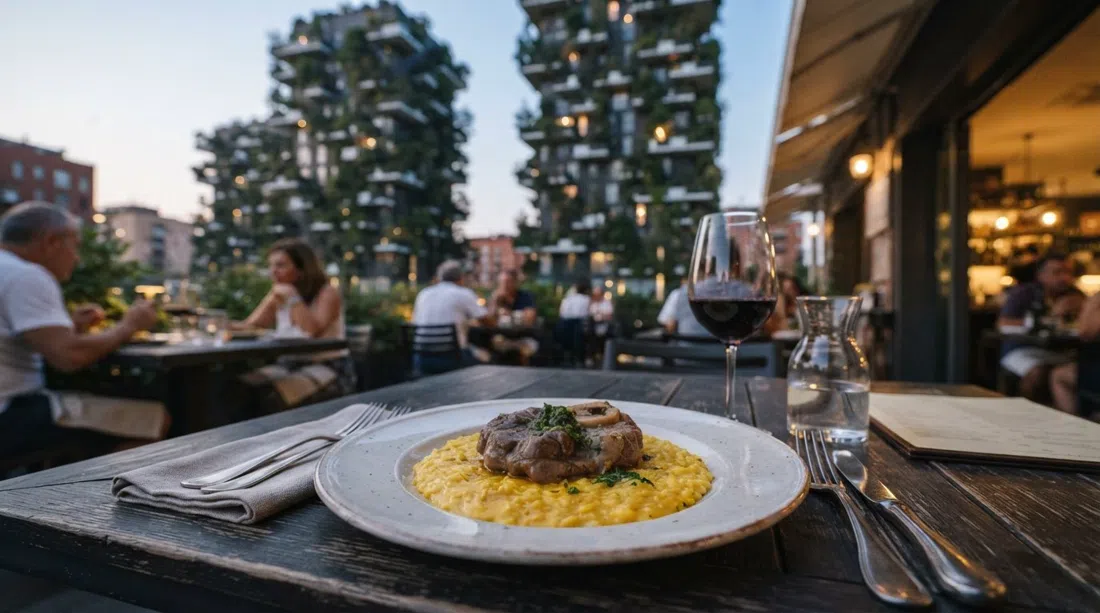 a plated risotto alla milanese with ossobuco at Ratanà, set on a terrace table facing the Bosco Verticale in soft evening light