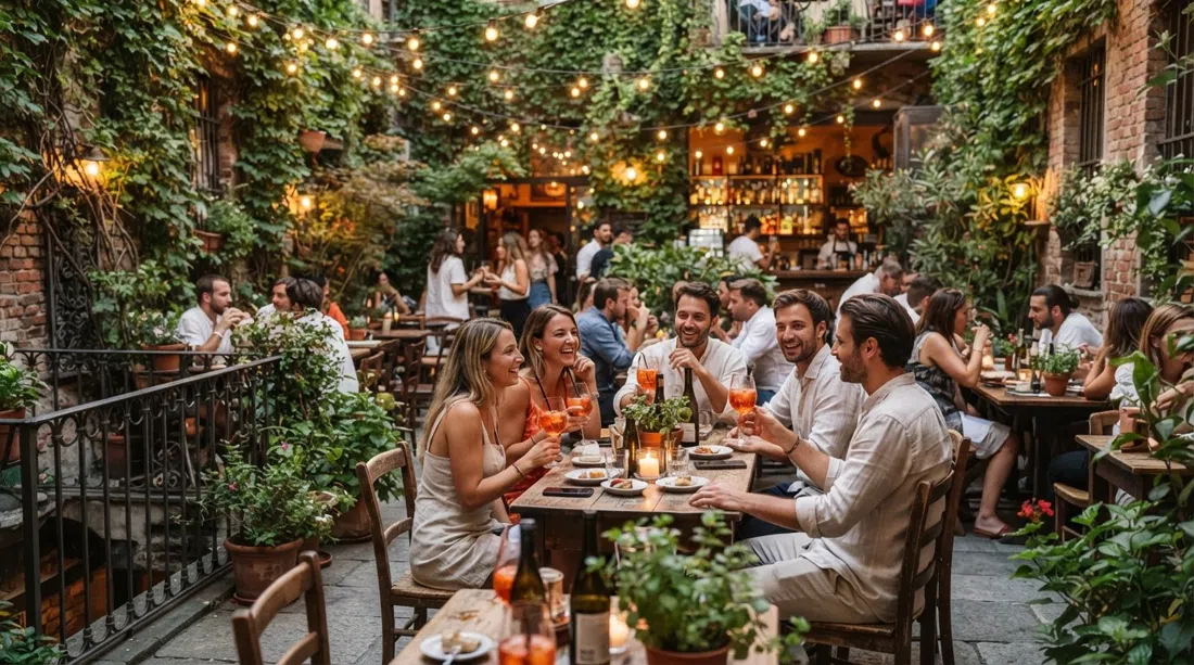 Frida’s ivy-hung courtyard in Isola, Milan, with plant-filled tables, string lights and people drinking aperitivo on a warm evening
