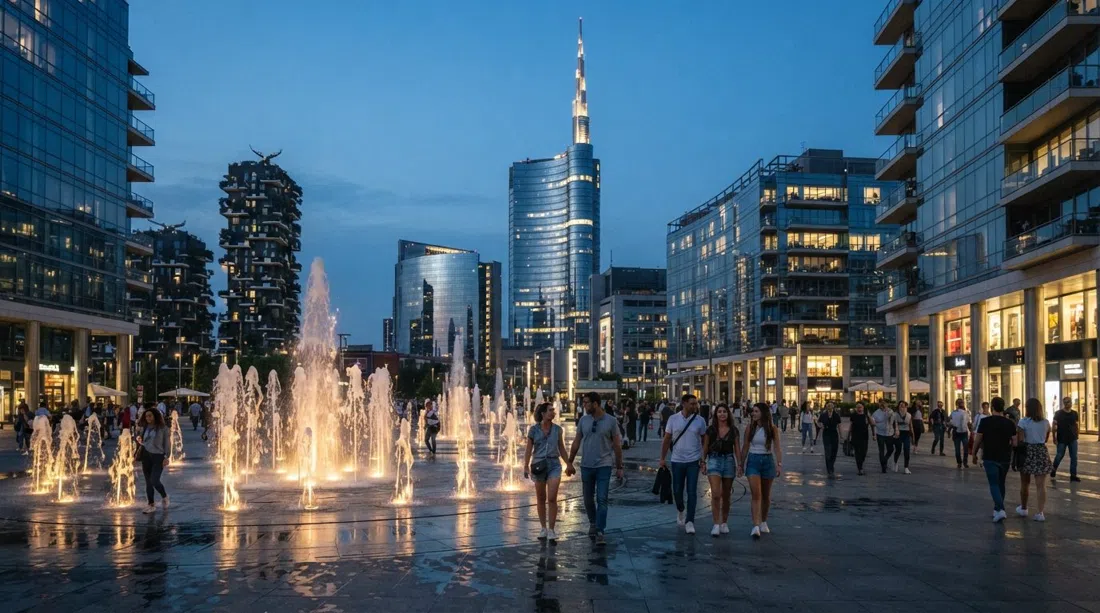 Piazza Gae Aulenti at dusk in Milan, illuminated fountains in the foreground and the UniCredit Tower rising behind glass-fronted towers