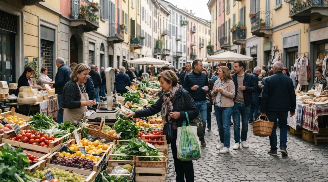 the Isola street market on Via Sebenico in Milan, produce stalls and local shoppers in a narrow residential street on a Saturday afternoon