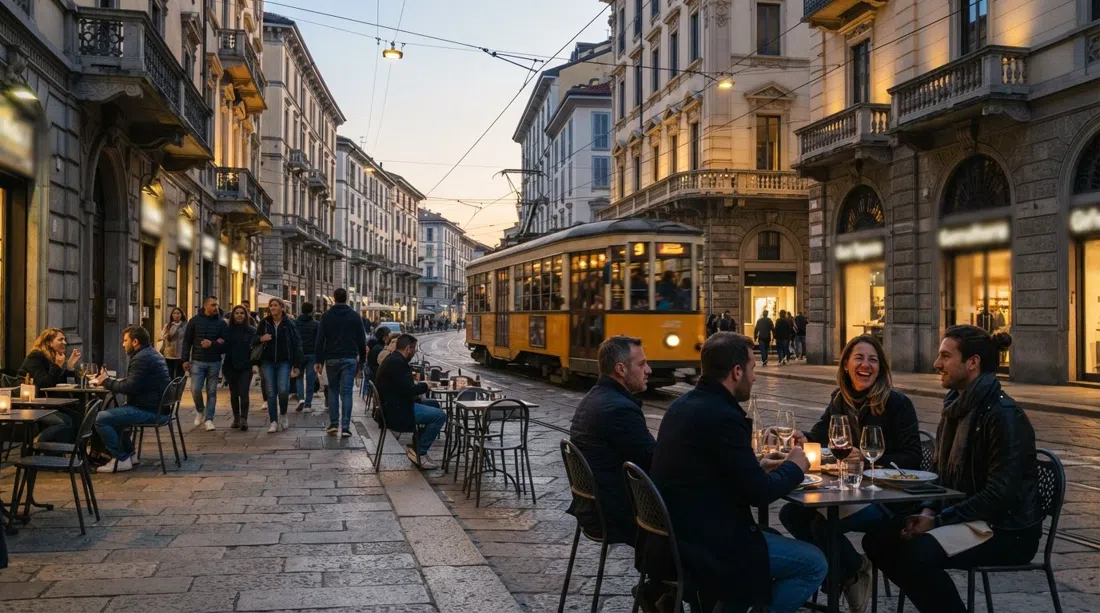 Corso di Porta Romana with tram lines, 19th-century apartment blocks and evening pavement tables under soft Milan light