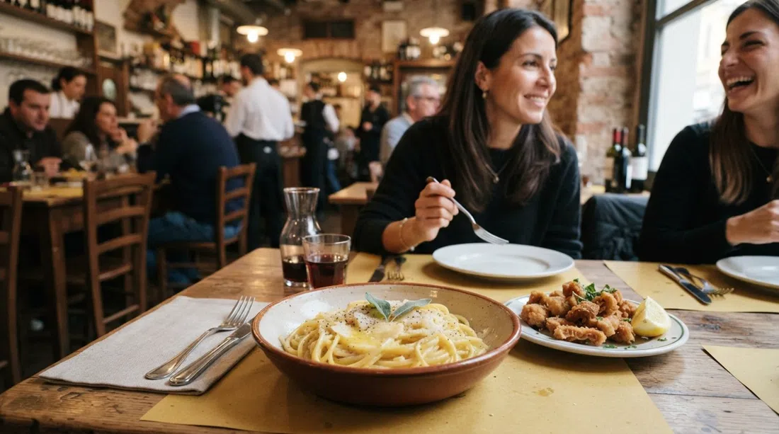 a plate of butter-and-cheese pasta and fried tripe at Trippa, close-up on a simple table setting in warm restaurant light