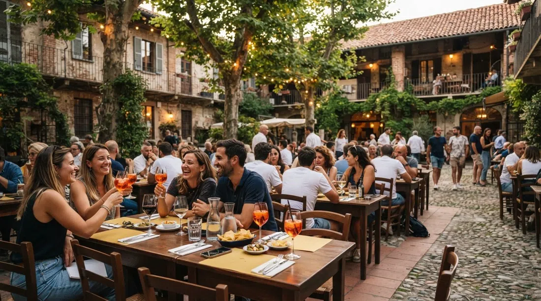 the courtyard at Cascina Cuccagna with Un Posto a Milano tables set for an early evening aperitivo under trees