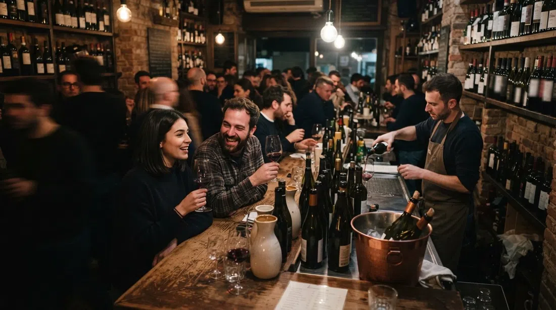 the bar counter at Cantina Urbana with bottles, glasses and a low-lit evening crowd in a compact wine-bar interior