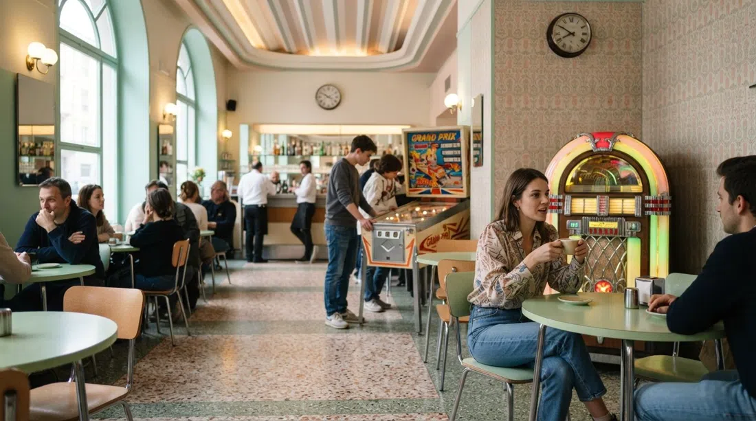 Bar Luce inside Fondazione Prada, Wes Anderson-style pastel Formica tables, jukebox and pinball machine in soft daylight