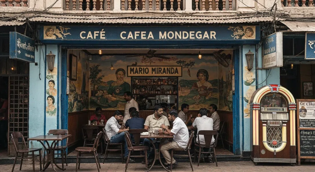 the painted facade and interior bustle of Cafe Mondegar on Colaba Causeway, Mario Miranda murals visible above tables and a working jukebox in the corner