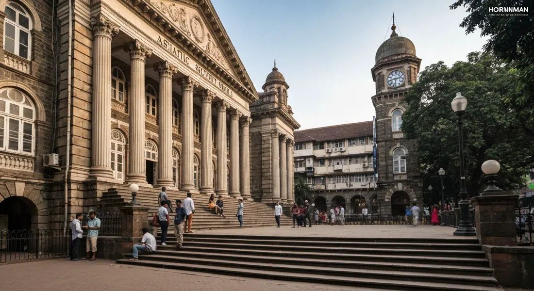 the Asiatic Society of Mumbai at Town Hall, with its thirty Doric-columned steps rising above Horniman Circle in late afternoon
