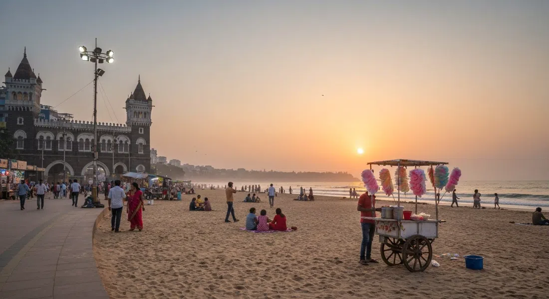 Juhu Beach at sunset with families on the sand, a vendor selling candy floss, and the Arabian Sea glowing beyond the promenade