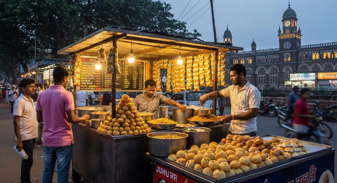 a busy Juhu Chowpatty snack stall at dusk with bhelpuri, sev puri, pav bhaji and a vendor assembling chaat under warm lights