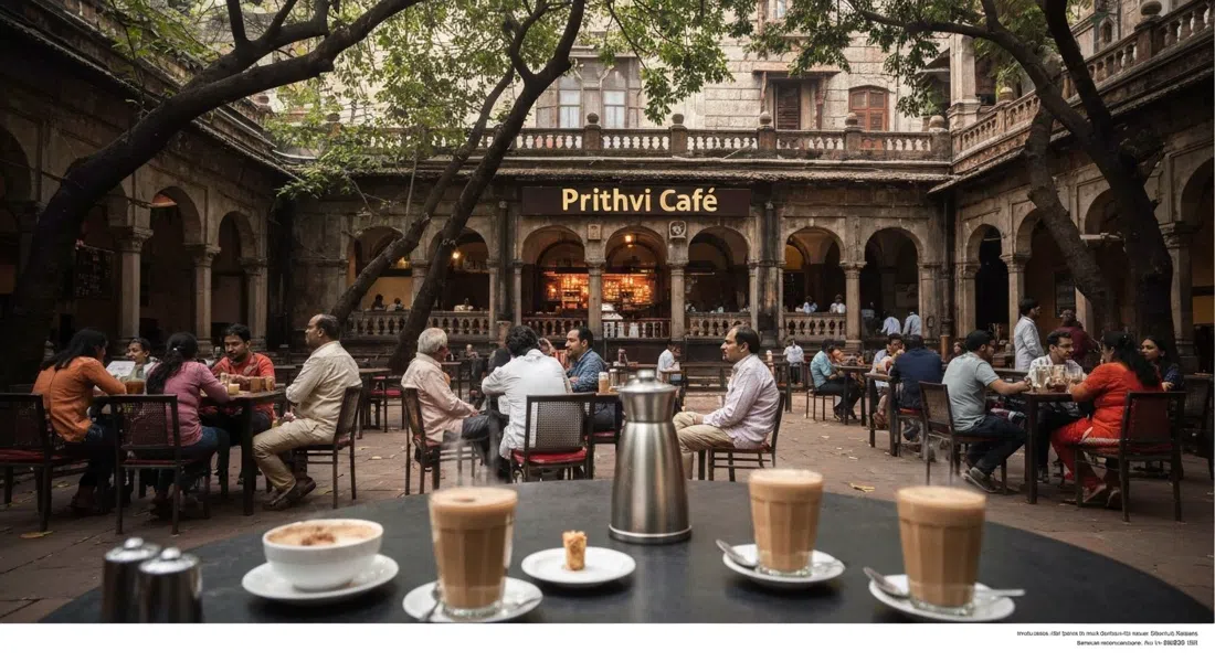 Prithvi Cafe in the Janki Kutir courtyard with trees overhead, steaming chai glasses and a relaxed open-air theatre crowd