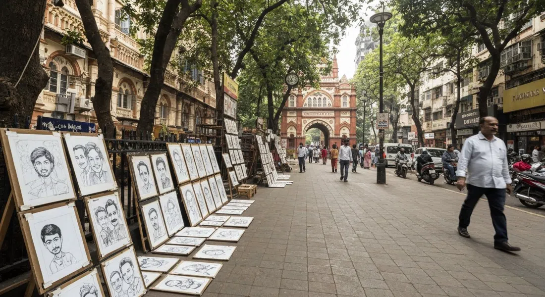 the outdoor pavement art market outside Jehangir Art Gallery, with caricature sketches and watercolours displayed along the sidewalk in afternoon shade