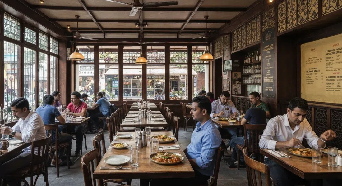 the dining room at The Bombay Canteen in Kamala Mills, warm light over regional Indian plates and a lively, full house