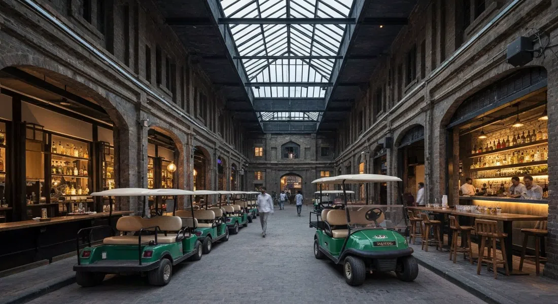 Late Checkout in Todi Mills, a former warehouse with a skylight, golf cart arrival and cocktail bar details in moody evening light