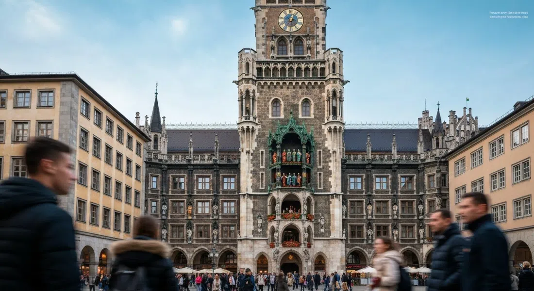 the Neues Rathaus facade above Marienplatz during the 11am Glockenspiel, with the square packed below and the copper figures visible in the tower opening
