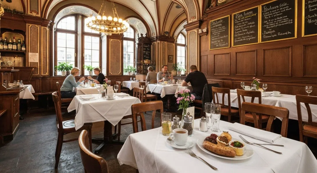 Inside Wirtshaus Fraunhofer in Munich, heritage-listed neo-Baroque dining room with set tables and a traditional Weißwurst breakfast on the table