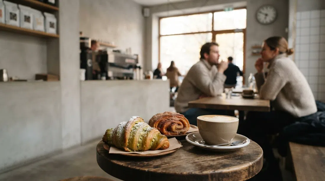 A pistachio croissant and Franzbrötchen at Man versus Machine in Munich, with a flat white and the minimalist cafe interior in soft morning light