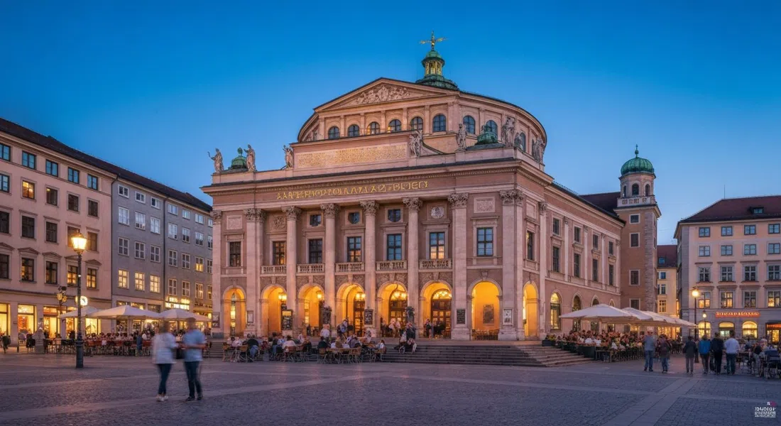 Gärtnerplatztheater on Munich’s Gärtnerplatz at dusk, lit facade, café tables around the square and people gathering on the steps