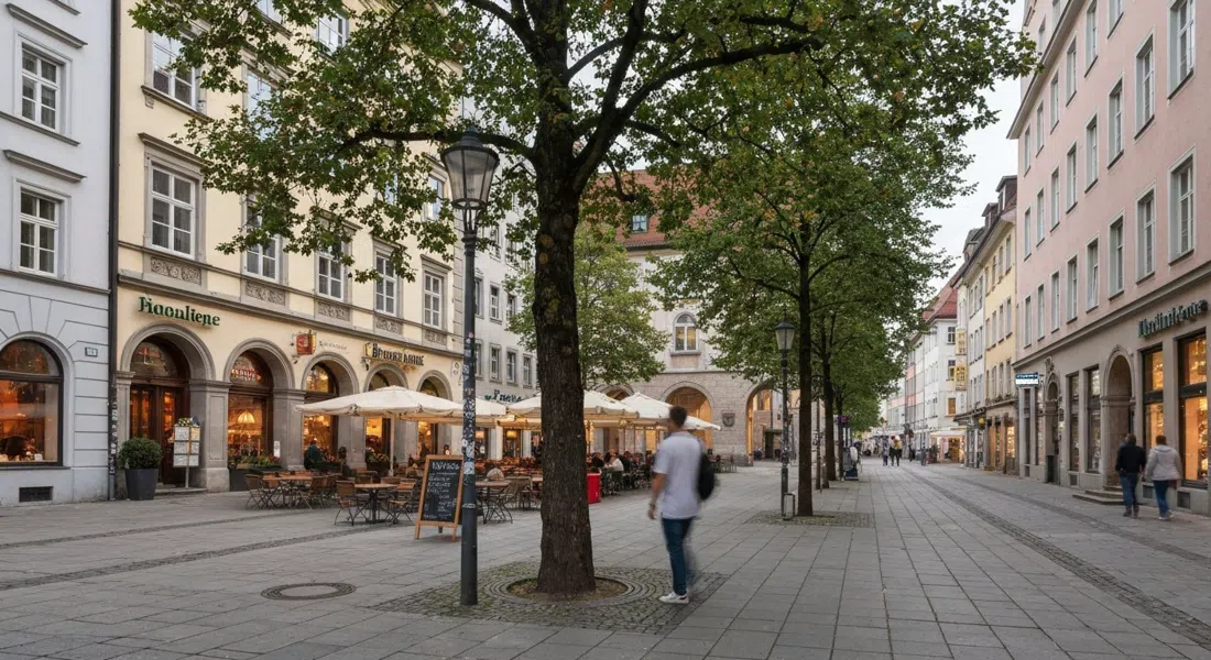 Pariser Platz in Haidhausen at late afternoon, low bistro-fronted buildings, mature trees and a few pavement tables under soft light