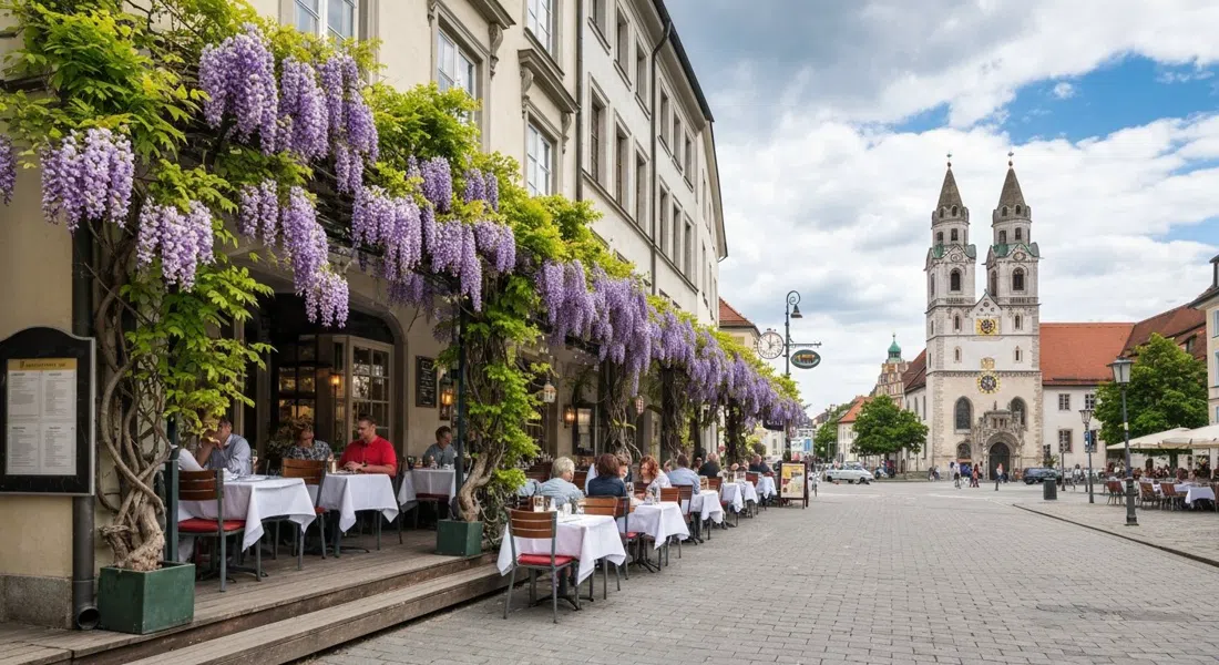Le Faubourg’s wisteria-draped terrace on Kirchenstraße in early summer, white tablecloths and the church on Johannisplatz nearby