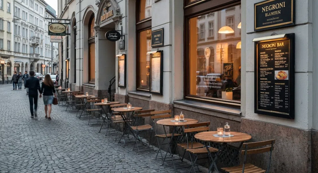Negroni Bar on Sedanstraße in summer evening light, small pavement tables, cocktail coupes and warm reflections in the windows