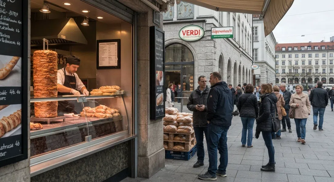 the queue outside Verdi Süpermarkt on Landwehrstrasse 46, with a veal doner being carved at the butcher’s counter and loaves of bread stacked nearby