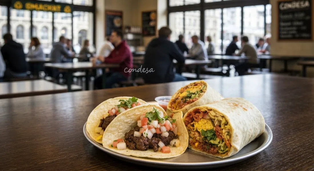 soft-corn tacos and a burrito at Condesa on Bahnhofplatz 5, casual station-side counter service with bright daylight from the windows