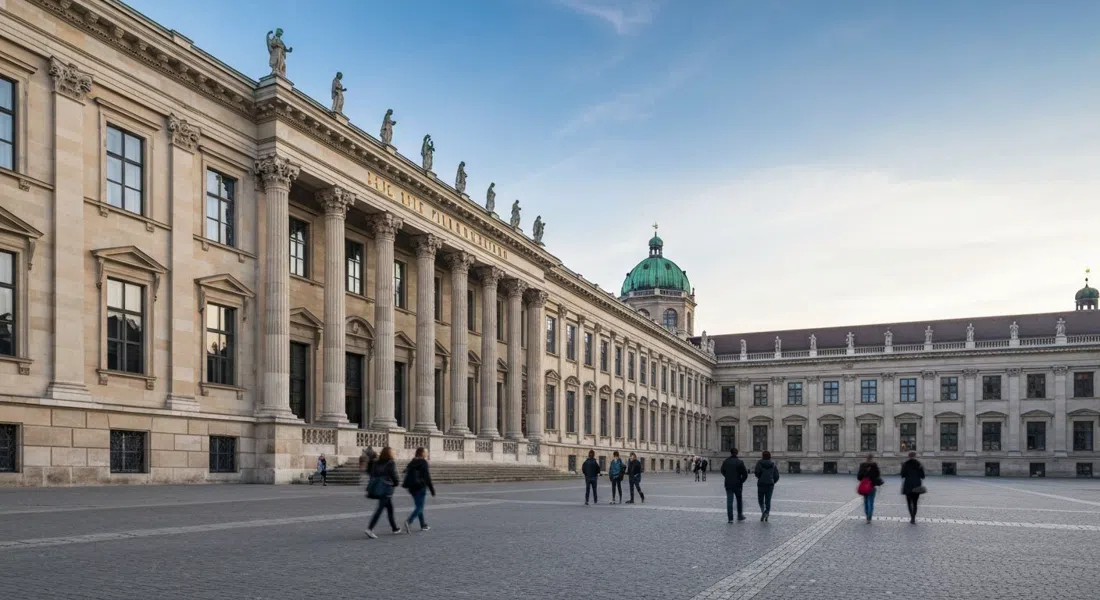 the Alte Pinakothek’s long neoclassical façade in soft morning light, with museum visitors crossing the forecourt