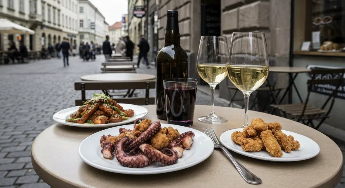 a small table at Tío on Theresienstraße 134 with pimientos de padrón, fried octopus and a glass of wine