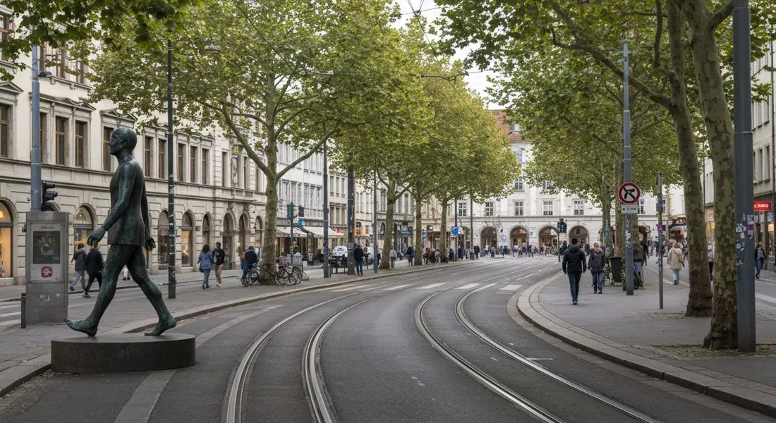 Jonathan Borofsky’s Walking Man sculpture along Leopoldstraße in Schwabing, seen from street level with tram tracks and plane trees in late afternoon light