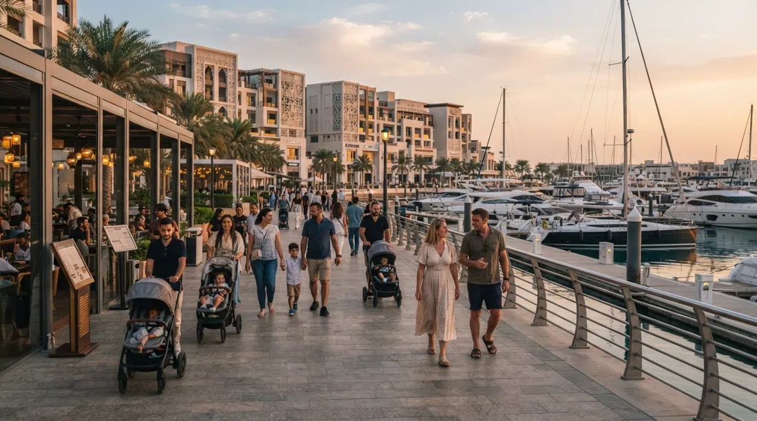 the Al Mouj marina promenade at golden hour, strollers and walkers passing glass-fronted restaurants with yachts moored beyond