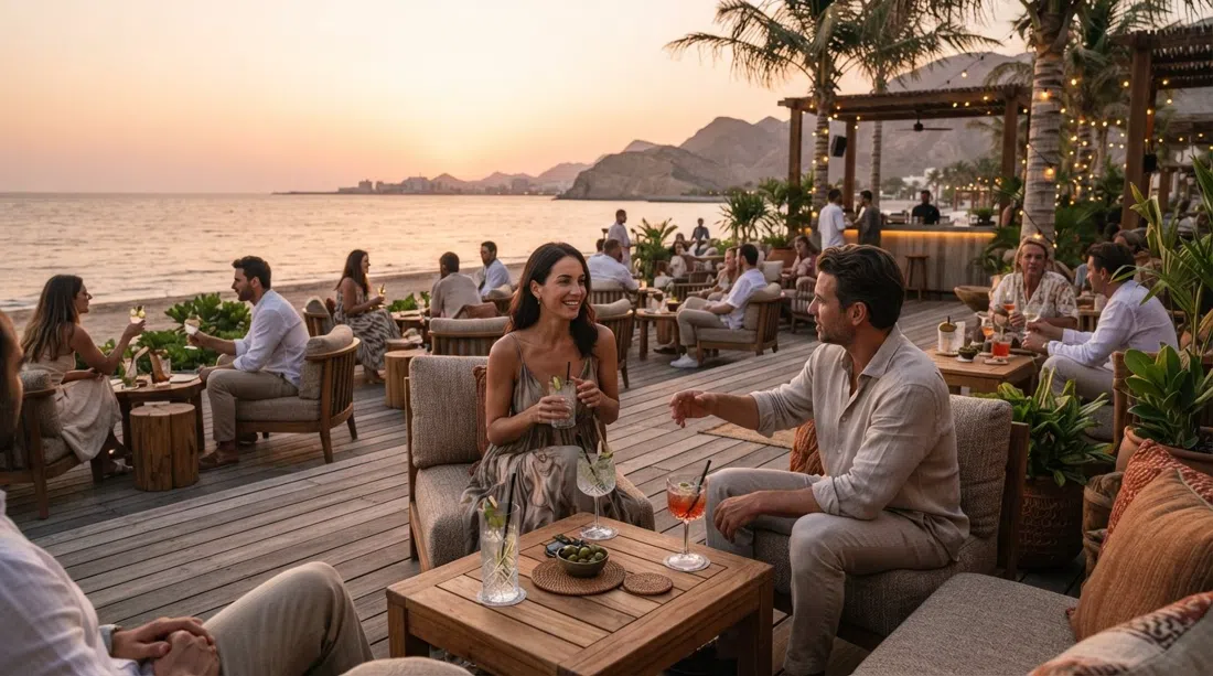 Zale Beach Club & Lounge at the Kempinski, beachfront deck at sunset with low tables, cocktails and the sea beyond