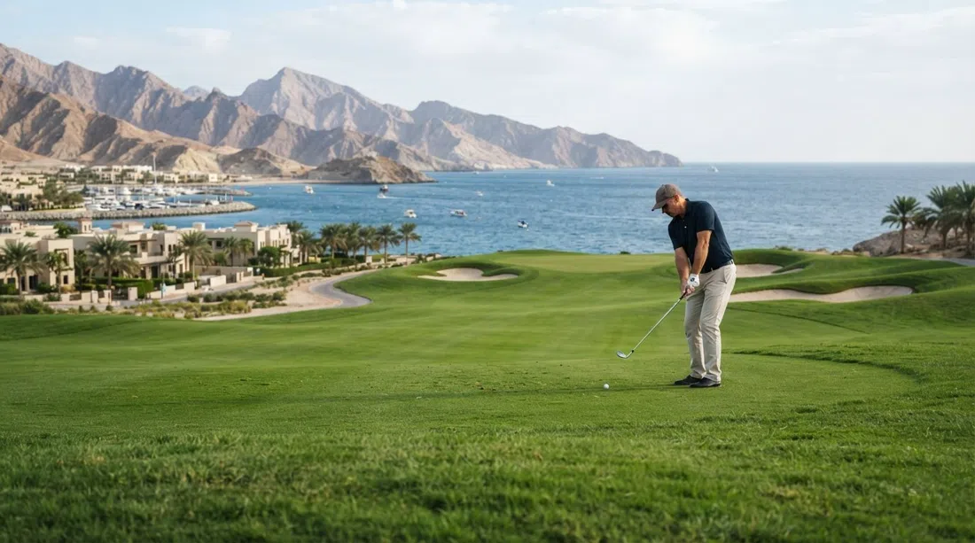 Almouj Golf fairway near the coast, trimmed green grass with the sea and Hajar Mountains in the background