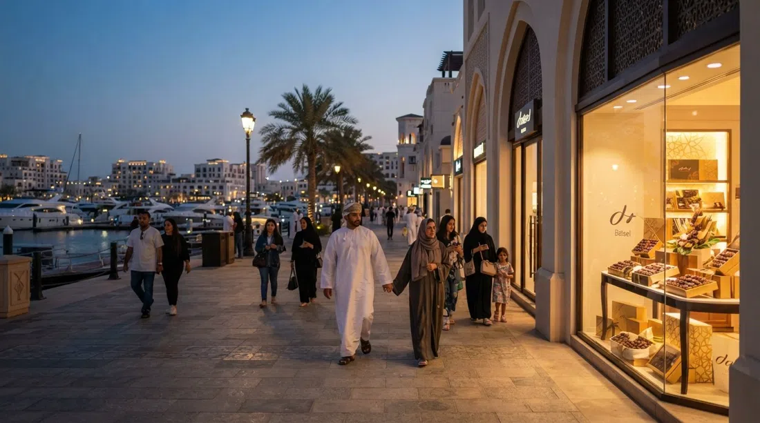 the marina-front promenade at Al Mouj with boutique storefronts, a Bateel display and evening pedestrians passing by