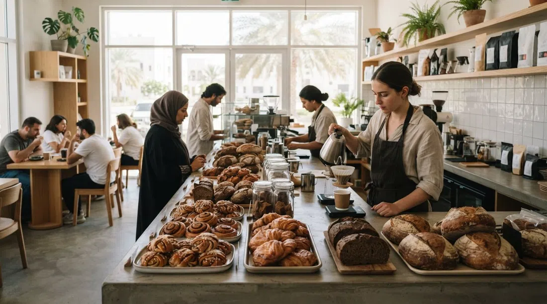 the bright interior of La Cabra in Al Qurum Complex with Nordic bakes, sourdough loaves and pour-over coffee on the counter