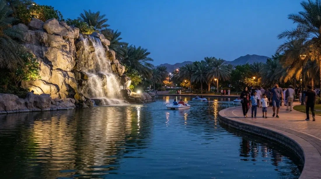 the floodlit rock waterfall at Qurum Natural Park at dusk, with the boating lake reflecting blue sky and park lights