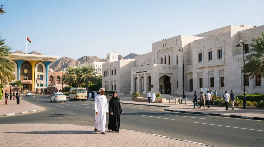 the National Museum of Oman on As-Sa'idiyyah Street, modern pale stone facade opposite Al Alam Palace in bright morning sun