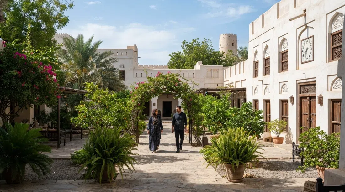 the traditional courtyard and garden setting at Bait Al Zubair, whitewashed buildings, shaded paths and museum greenery in midday light