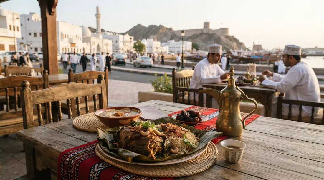 a traditional Omani meal at Bait Al Luban in Mutrah, shuwa and harees served with dates and kahwa on a table overlooking the corniche