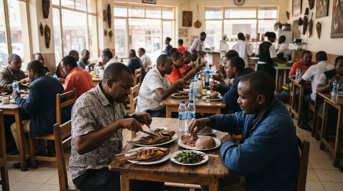 the busy dining hall at K’Osewe Ranalo Foods on Kimathi Street at lunchtime, with plates of fried tilapia, brown ugali and greens on simple tables