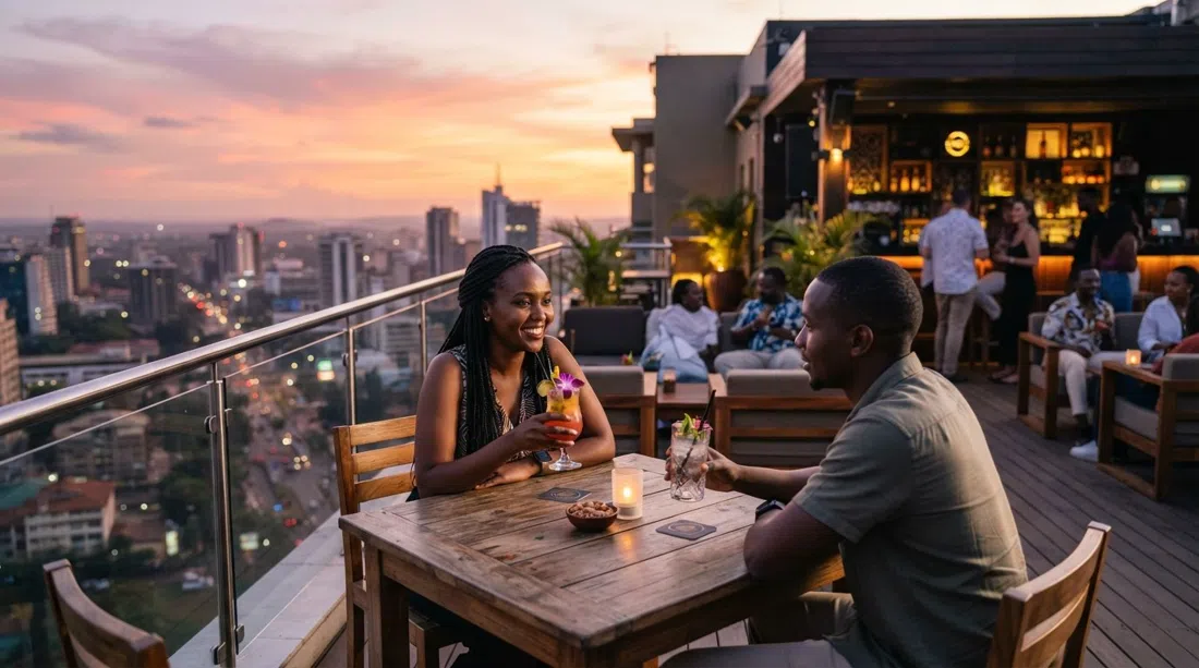 Hero Bar on the ninth floor of Trademark Hotel, with sunset over Nairobi and cocktails on the rooftop patio