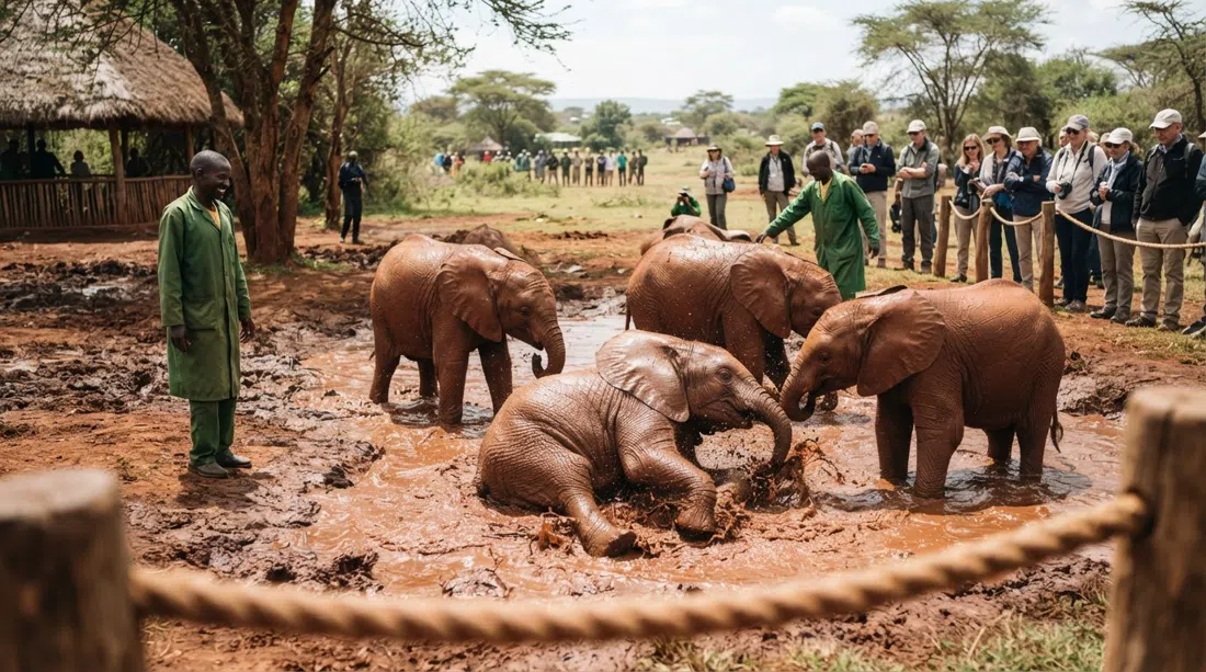 orphaned elephant calves mud-bathing at the Sheldrick Wildlife Trust during the public viewing hour, keepers nearby and red earth underfoot