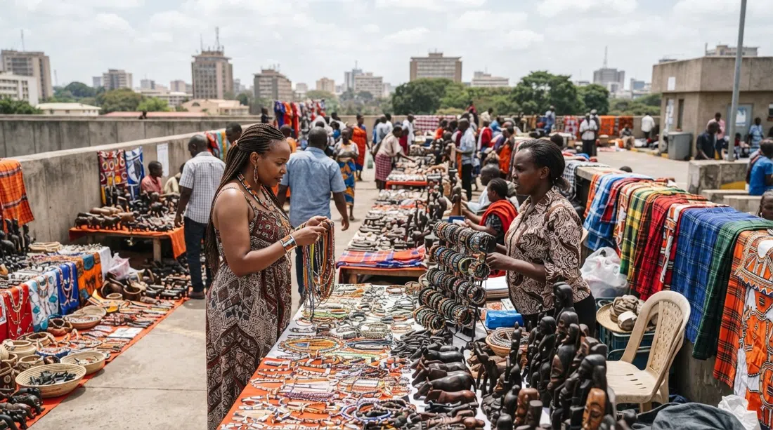 the Sunday Maasai Market on the rooftop parking decks at Yaya Centre, with beadwork, kikoi cloth and carvings spread across stalls in bright daylight