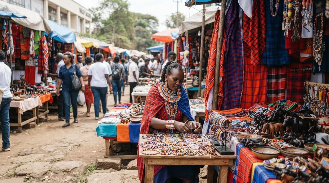 Valley Arcade Maasai Market on Gitanga Road, beadwork, shukas and carved souvenirs arranged under simple stalls in soft daylight